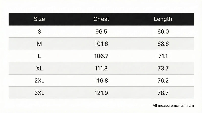 Size chart in centimeters