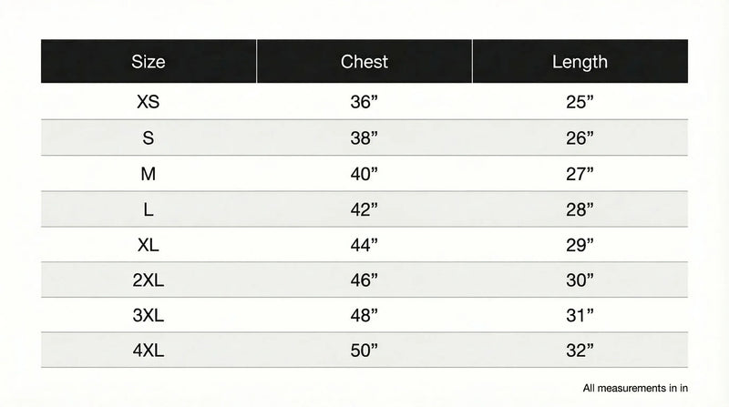 Size chart in inches