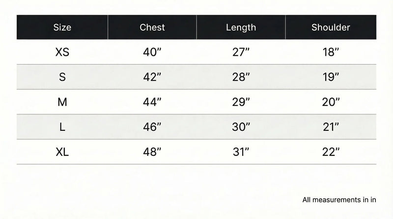 Size chart in inches