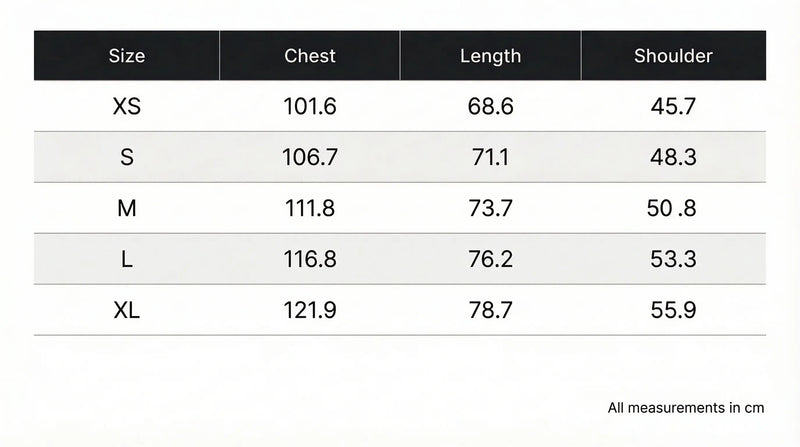 Size chart in centimeters