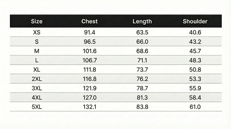 Size chart in centimeters
