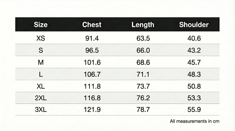 Size chart in centimeters