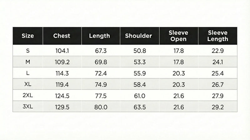 Size chart in centimeters