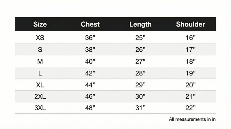 Size chart in inches