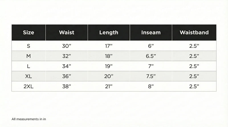 Size chart in inches