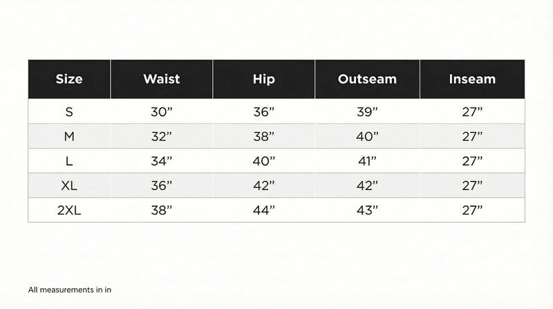 Size chart in inches