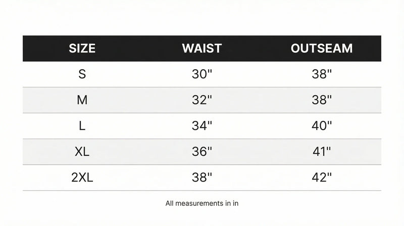 Size chart in inches