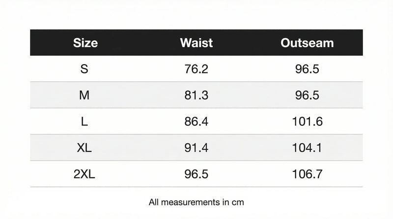 Size chart in centimeters