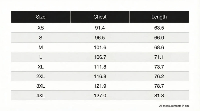 Size chart in centimeters
