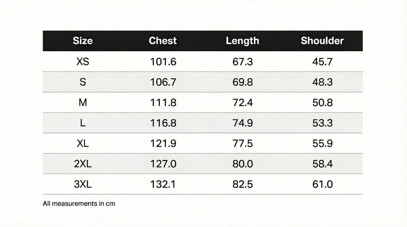 Size chart in centimeters