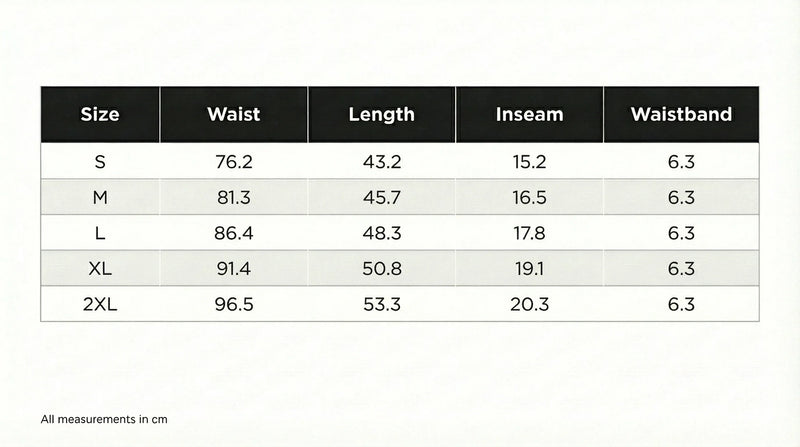 Size chart in centimeters